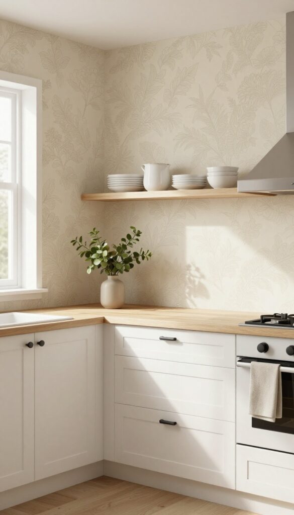 Cozy kitchen with warm neutral toile wallpaper, white cabinets, light wood shelves, and fresh greenery in natural light.