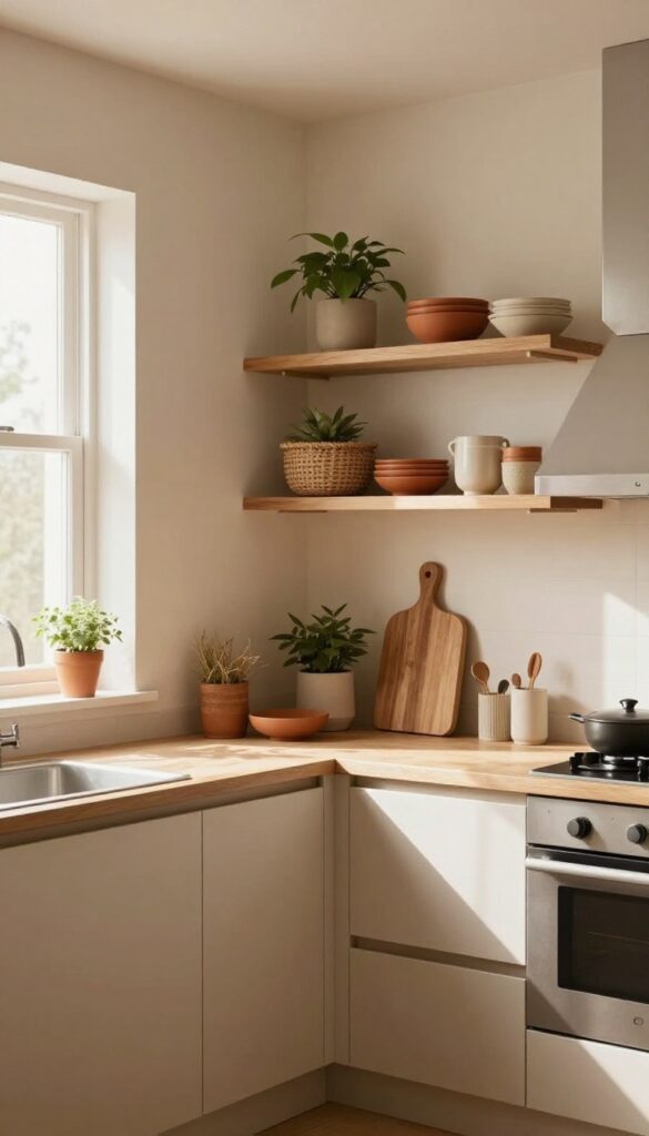 Warm earthy neutral kitchen with terracotta accents and natural wood details