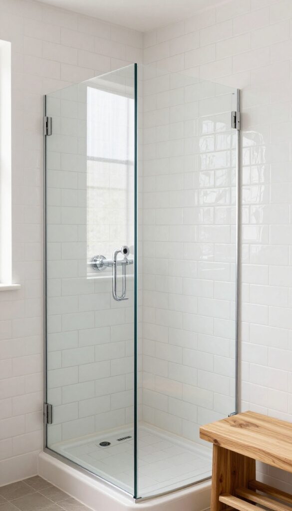 Glossy white subway glass tiles with dark matte grout in a bright shower with chrome fixtures and teak bench.