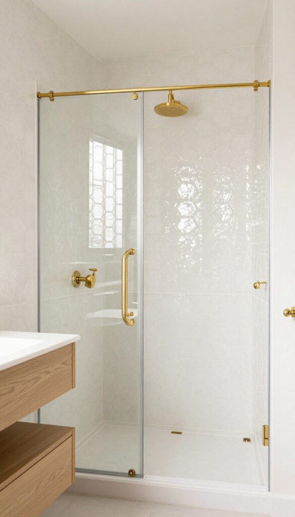 Warm white hexagon glass tile shower surround with honeycomb pattern, brushed brass fixtures, and wood vanity.