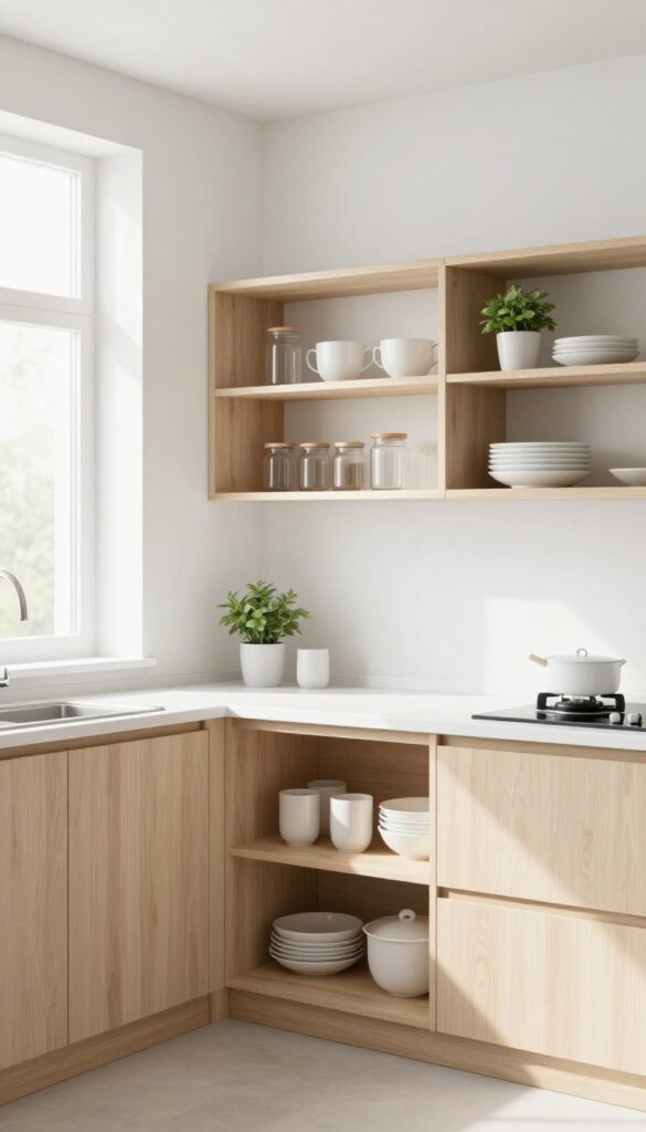 Modern kitchen with open wood shelving displaying dishes and jars