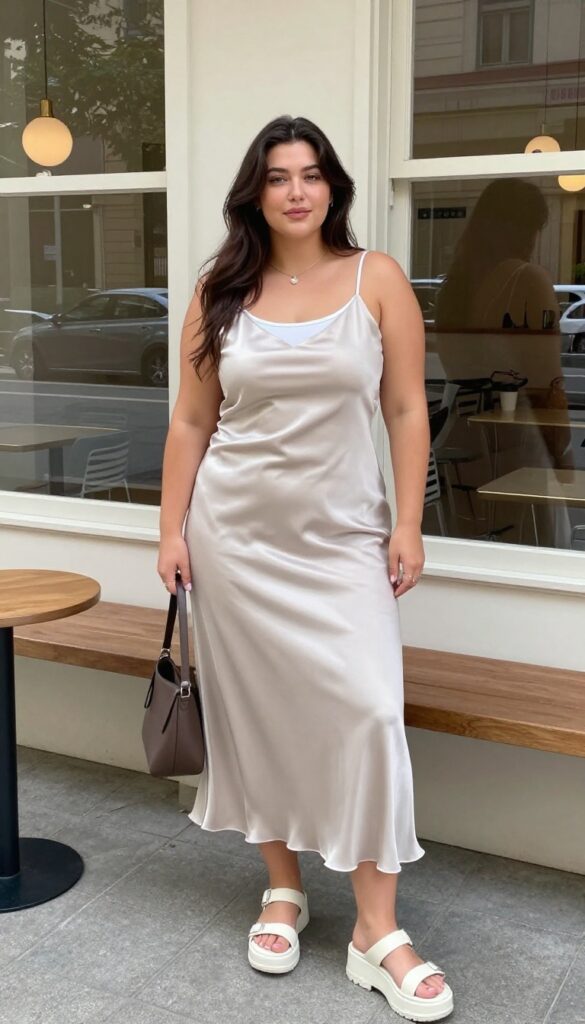A plus-size woman wearing a slip dress layered over a basic tee with platform sneakers and a mini shoulder bag, styled in a 90s fashion outfit for casual outings like brunch.