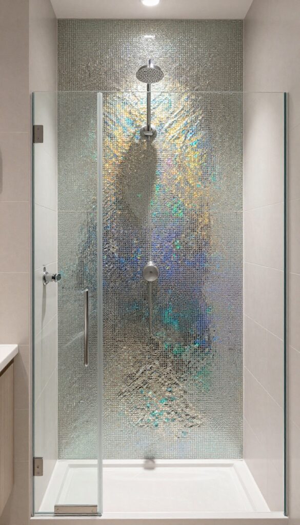 A walk-in shower with a bold glass mosaic accent wall behind the showerhead, featuring iridescent tiles in a gradient pattern, set against simple solid tiles and frameless glass for a clean, custom look.