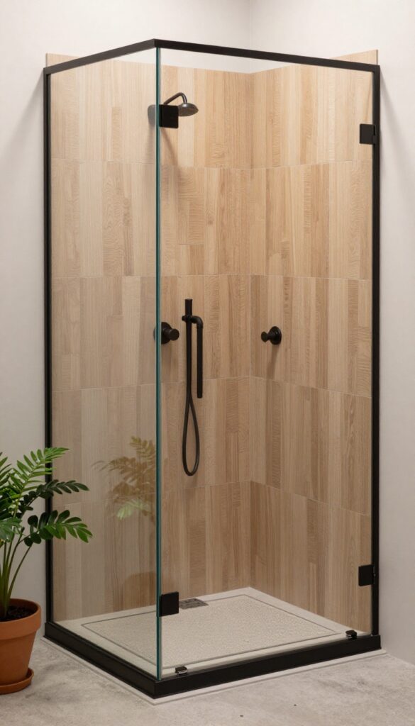 A zero-entry shower with a wood-look tile accent wall in bright natural light, featuring textured tiles that mimic wood grain, matte black fixtures, potted plants, and smooth glass and concrete surfaces for a modern yet inviting bathroom decor.