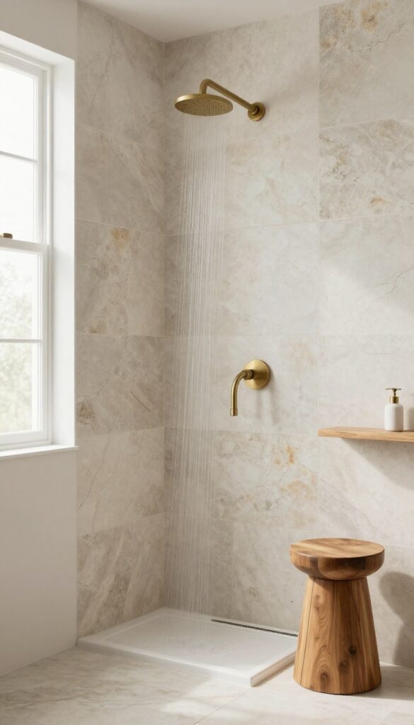 A serene bathroom shower with natural stone tiles in slate or marble, bathed in bright natural light, featuring warm wood accents and brushed brass fixtures for an organic, spa-like look.