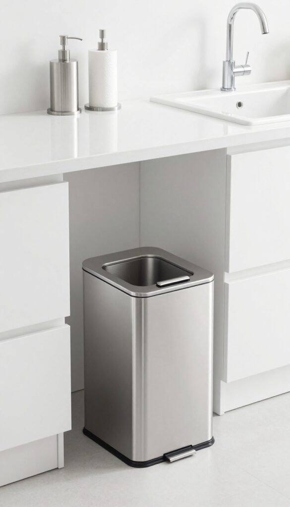 Sleek stainless steel touchless trash can with soft-close lid in a modern kitchen