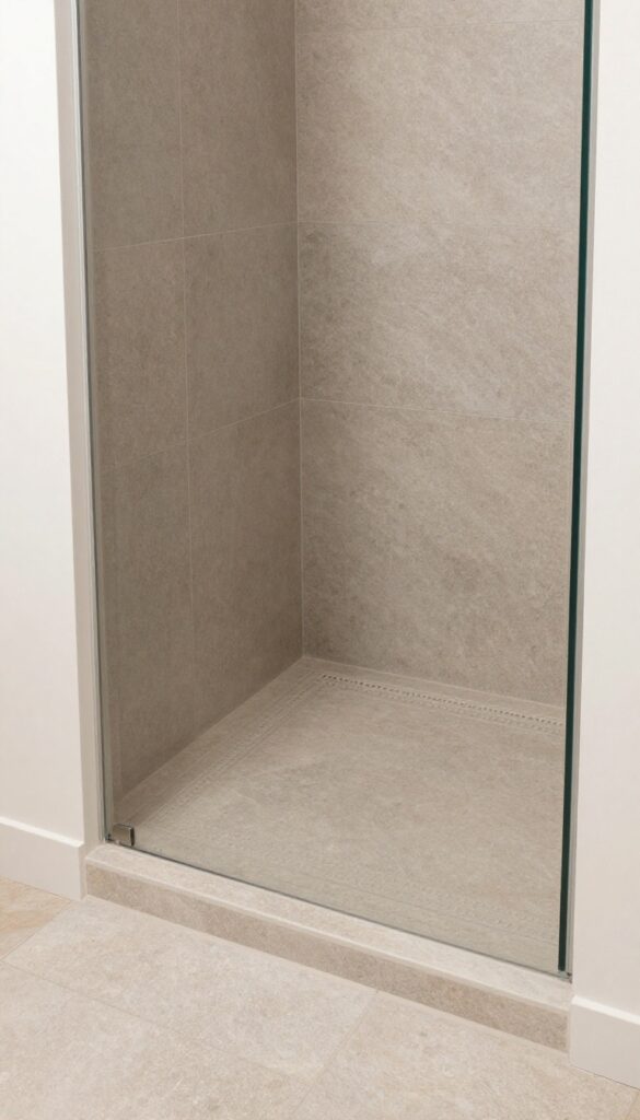 A photorealistic image of a modern curbless shower with textured tile floors in neutral earthy tones, showcasing safety and style in a bright, clean bathroom setting.