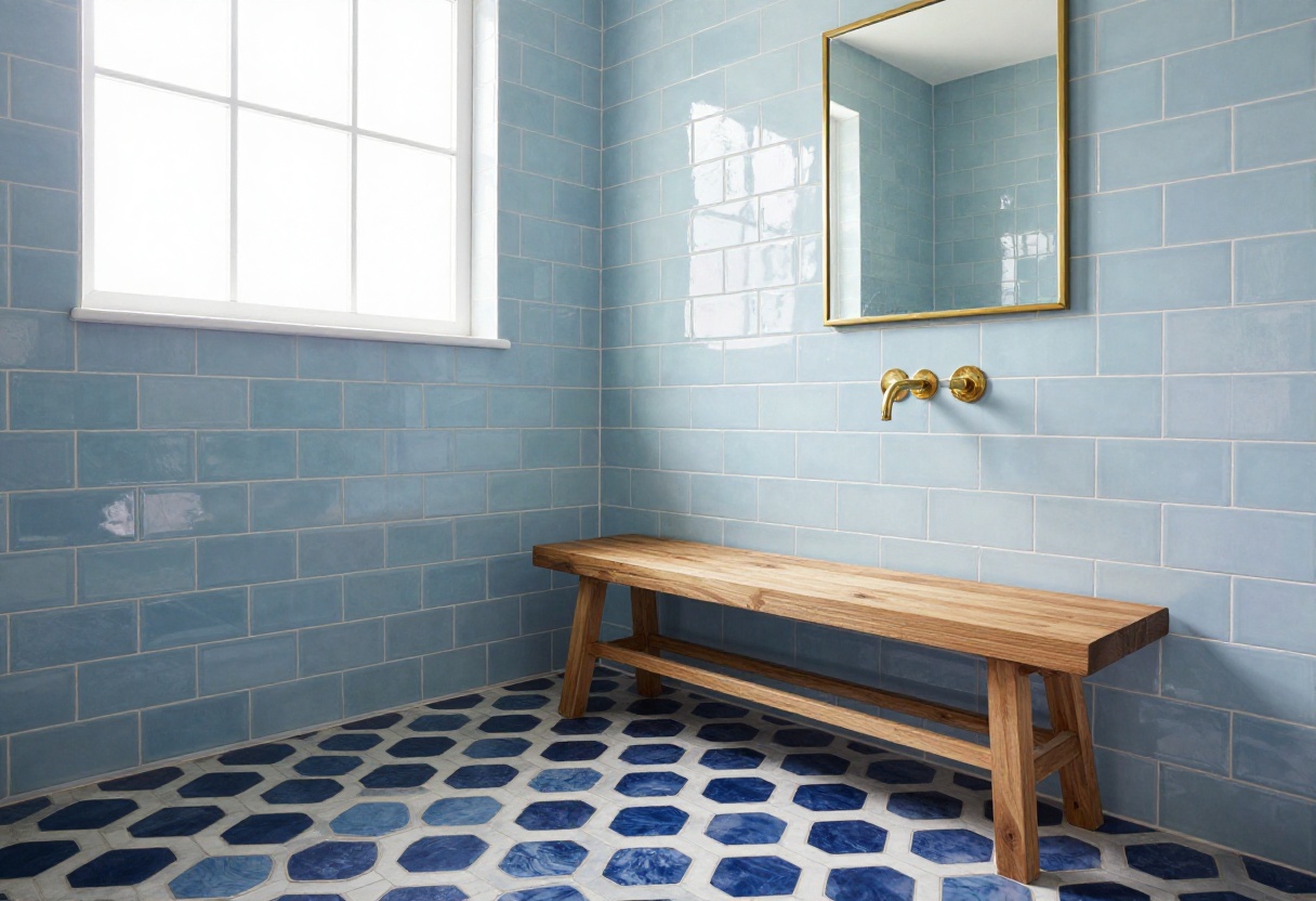 Blue tile shower with teak bench and brass fixtures in a cozy bathroom