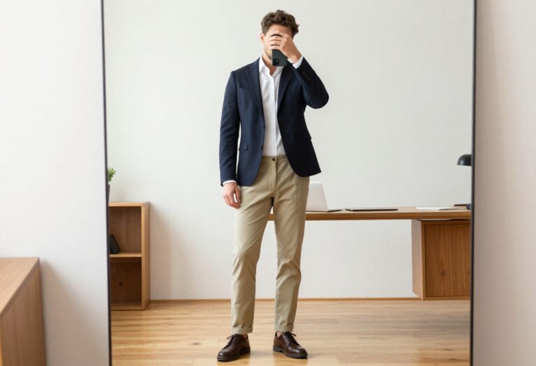 A man in a blazer and chinos taking a mirror selfie, showcasing a polished business casual outfit.
