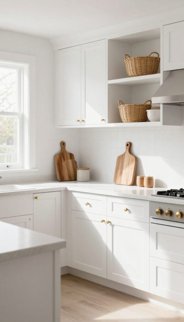 Kitchen with soft white warm undertone cabinets, matte brass hardware, natural wood accents, bright natural light.