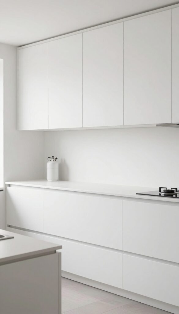 Modern kitchen with built-in cabinet concealing gas cylinder, seamless design, bright natural light