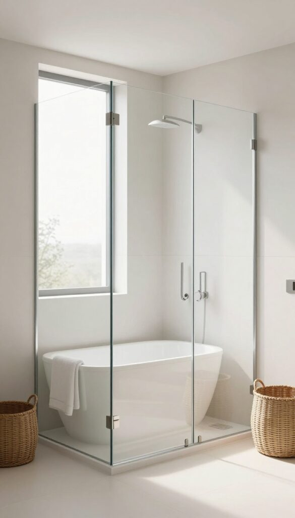 A bright, modern bathroom with clear glass shower doors that maximize natural light and create a spacious, airy atmosphere.