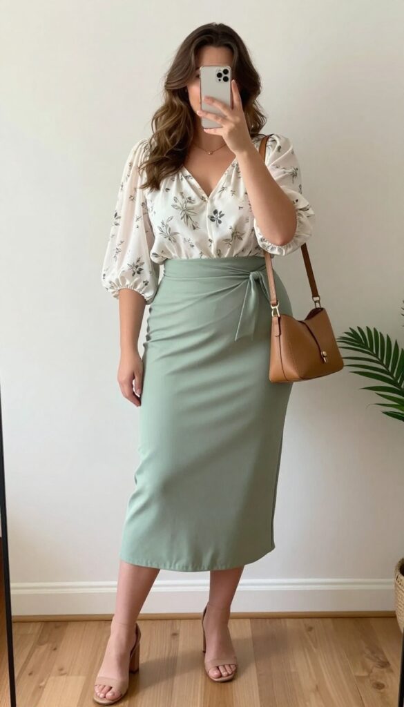 Plus-size woman in a midi wrap skirt and lightweight blouse taking a mirror selfie, block heels and structured bag, bright natural light.