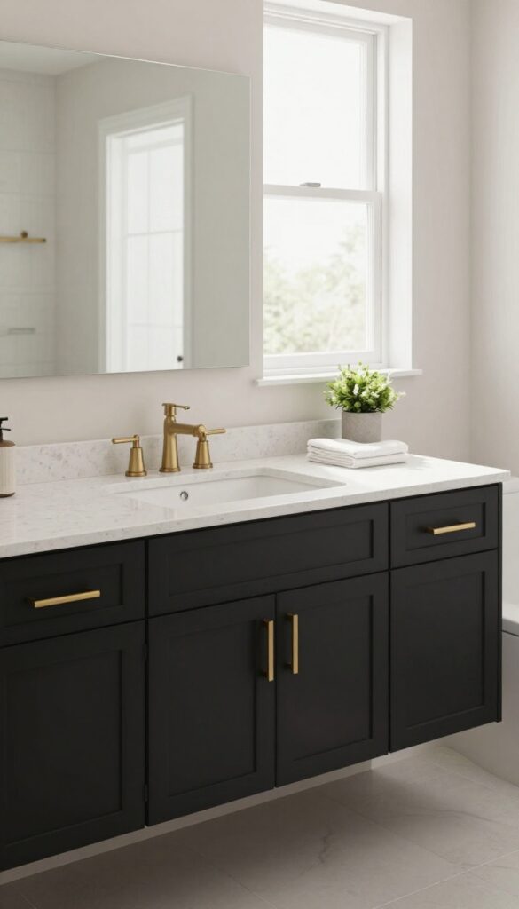 A black vanity with a white countertop in a bright, clean bathroom, showcasing timeless two-tone contrast and floating design for visual depth.
