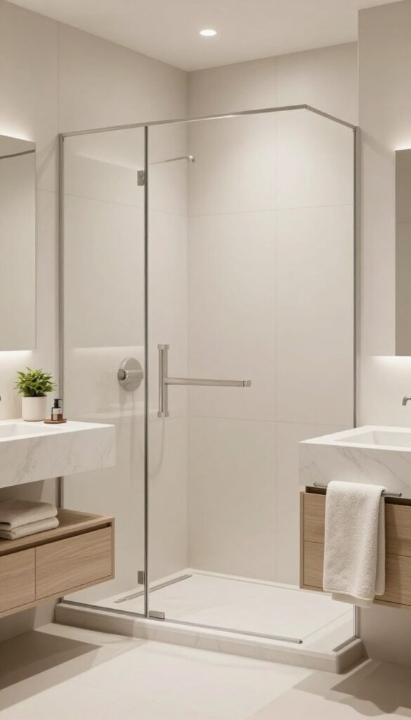 A modern bathroom featuring a zero-entry shower integrated with a floating vanity in bright natural light, showcasing seamless design and clean lines for home decor inspiration.