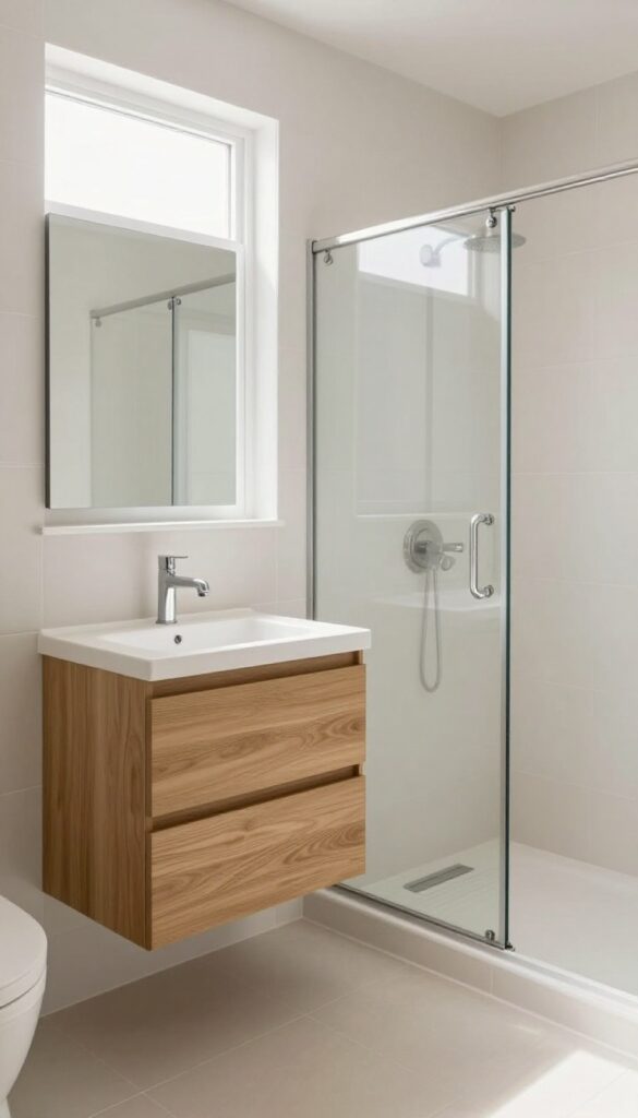 A small bathroom featuring a floating wood vanity next to a walk-in shower, showcasing space-saving design with visible floor area and natural lighting