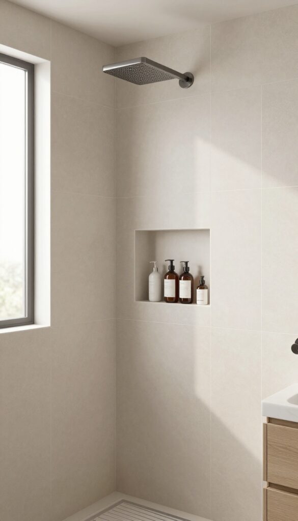 A built-in niche in a walk-in shower wall, holding toiletries for tidy storage in a master bathroom.