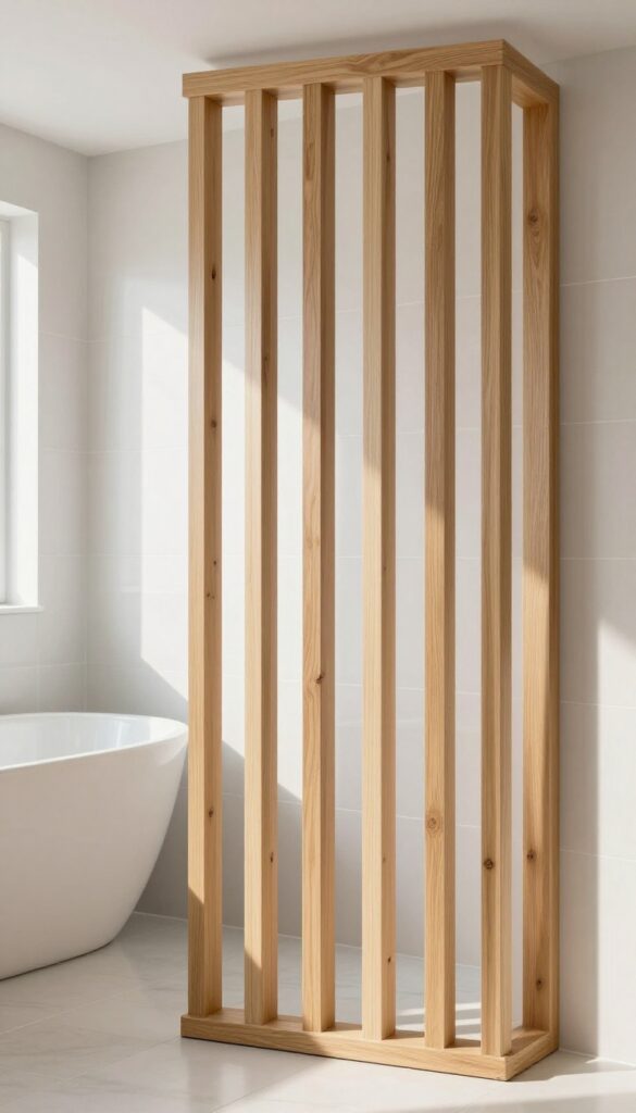 A vertical slatted wood divider in a bright bathroom with natural light, adding warmth and texture while allowing light to pass through.
