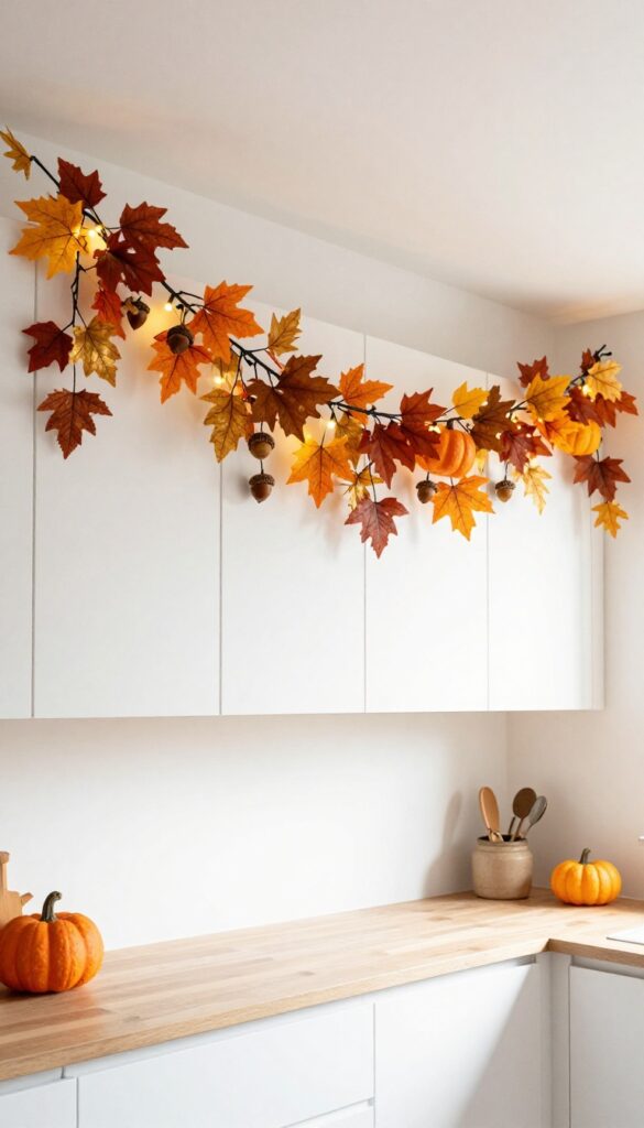 Fall garland draped above kitchen cabinets with fairy lights