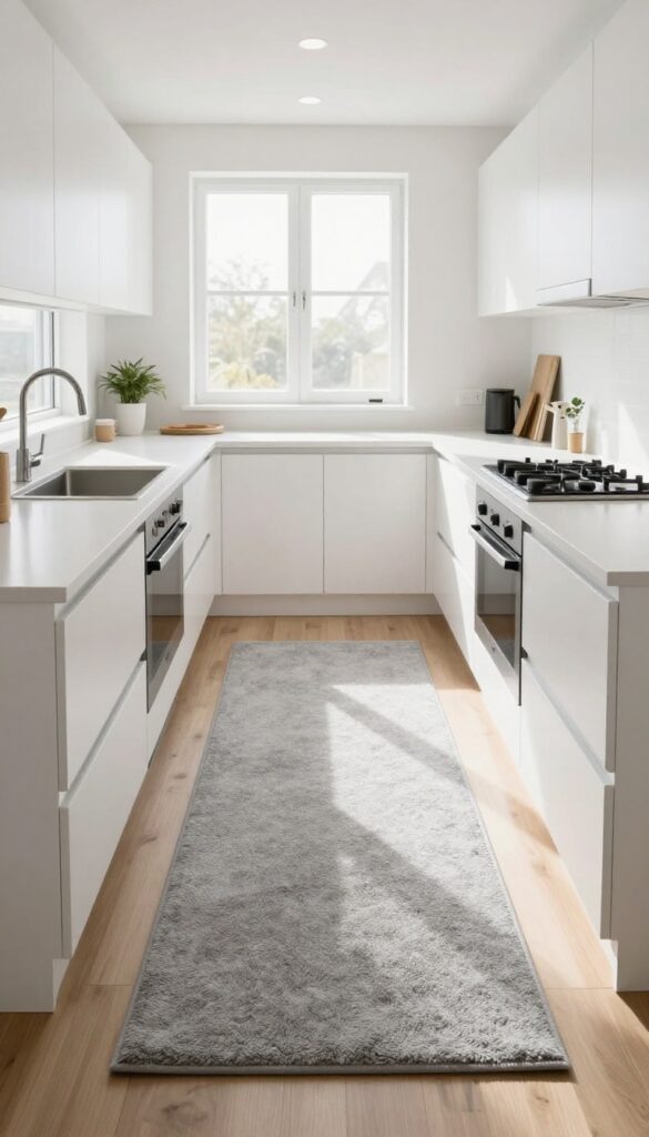 Modern kitchen with a long neutral runner rug following the work triangle path