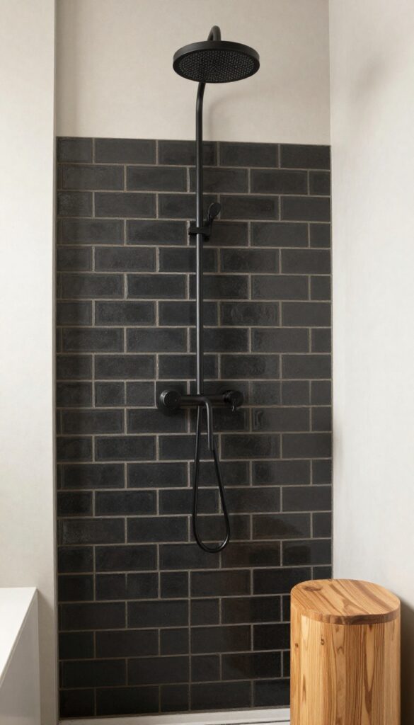 Modern minimalist bathroom shower with matte black subway tiles and natural wood accents in bright natural light.