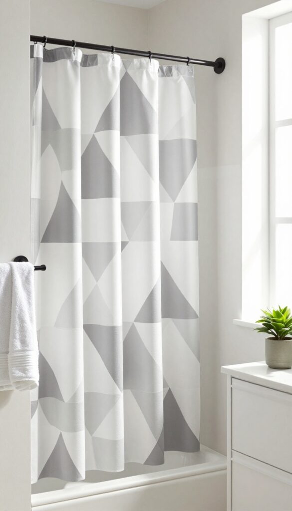 A minimalist bathroom with a geometric-patterned shower curtain in gray and white, featuring triangles and hexagons, complemented by white towels, matte black hardware, and a small plant under bright natural light.