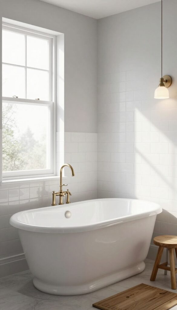 A vintage-inspired bathroom featuring a clawfoot tub with subway tiles, modern fixtures in brushed nickel, soft gray walls, wooden accents, and natural lighting.