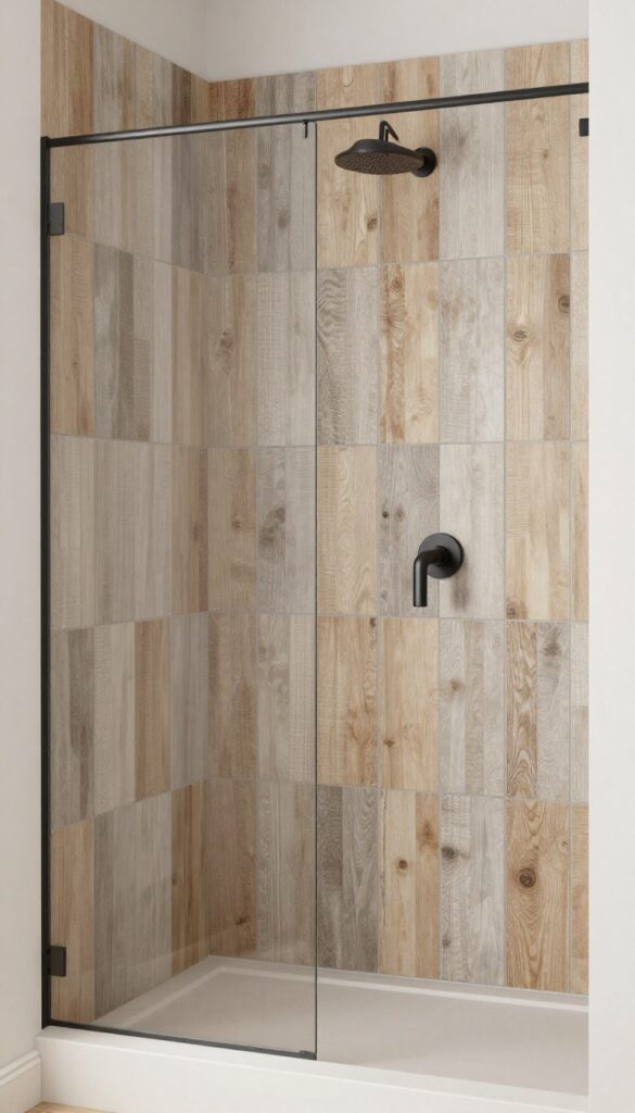 Mixed wood tile sizes in a shower creating textured walls with natural light and matte black fixtures.