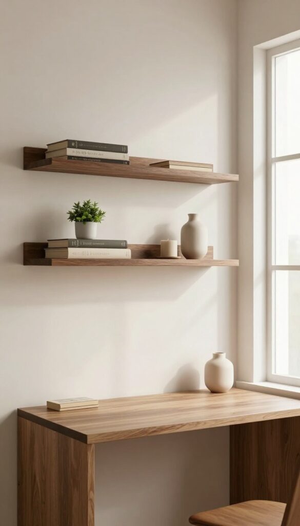 Dark brown floating shelves on a light wall in a bright bedroom, styled with books and a plant for subtle storage inspiration.