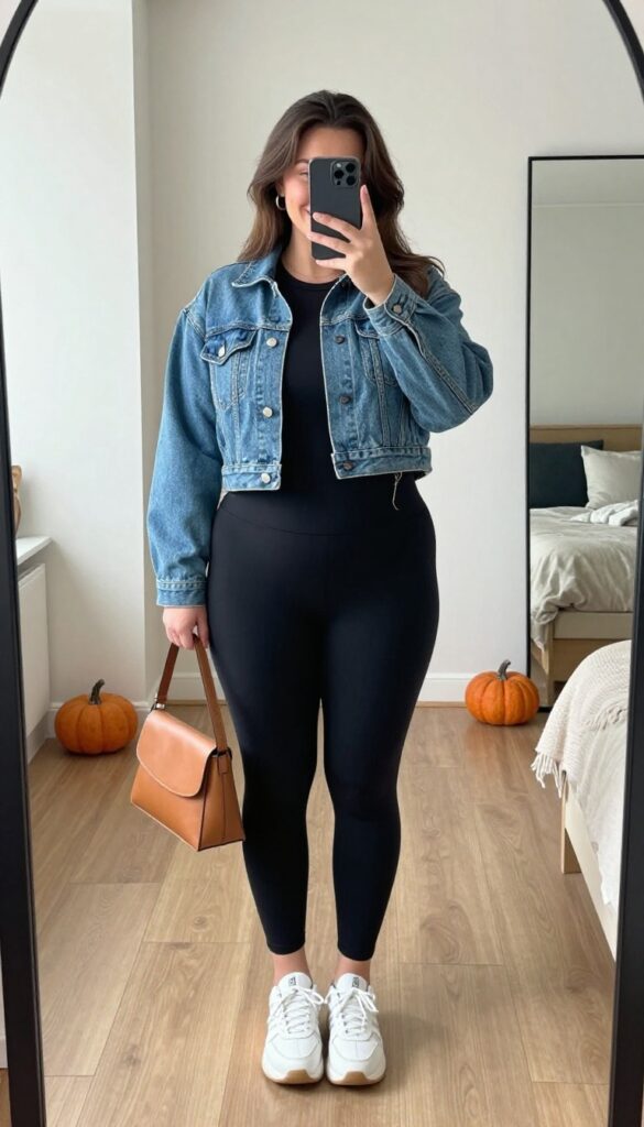 A woman in a black athletic dress and light-wash denim jacket takes a mirror selfie, wearing white sneakers and a tan crossbody bag, in a bright room with fall accents.
