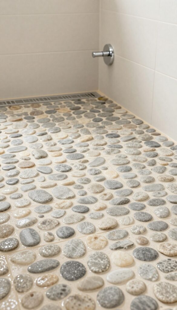 Close-up of pebble tile floor in a walk-in shower with natural light and water droplets, showcasing spa-like texture and safety features for bathroom design inspiration.