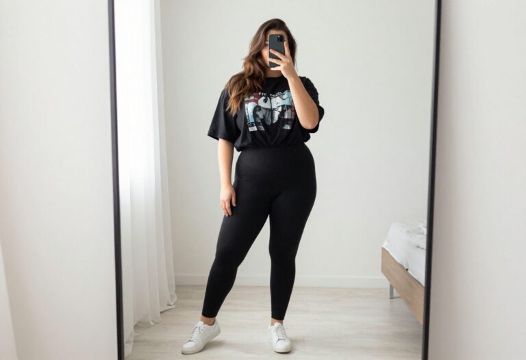 Plus-size woman in black leggings and oversized graphic tee taking a mirror selfie, casual comfortable outfit
