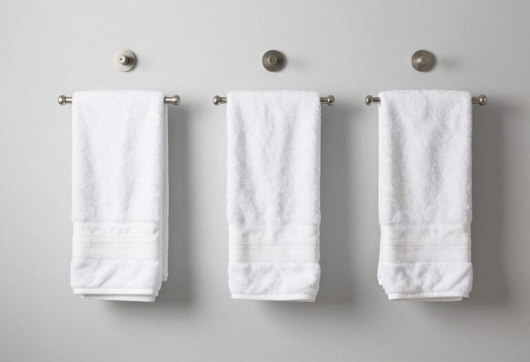 Vertical layered towel bars in a modern bathroom with neatly hung towels for an organized look.