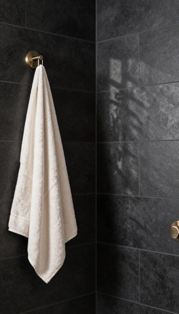 Textured black tiles in a shower with natural light and simple fixtures for a cozy, sophisticated bathroom upgrade.