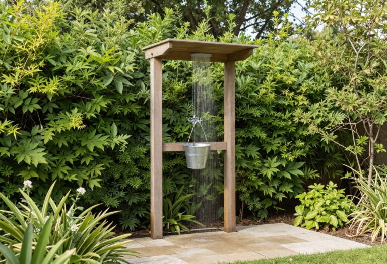 Rustic DIY outdoor shower with wooden frame, hanging bucket, and stone floor in a sunny backyard surrounded by plants.