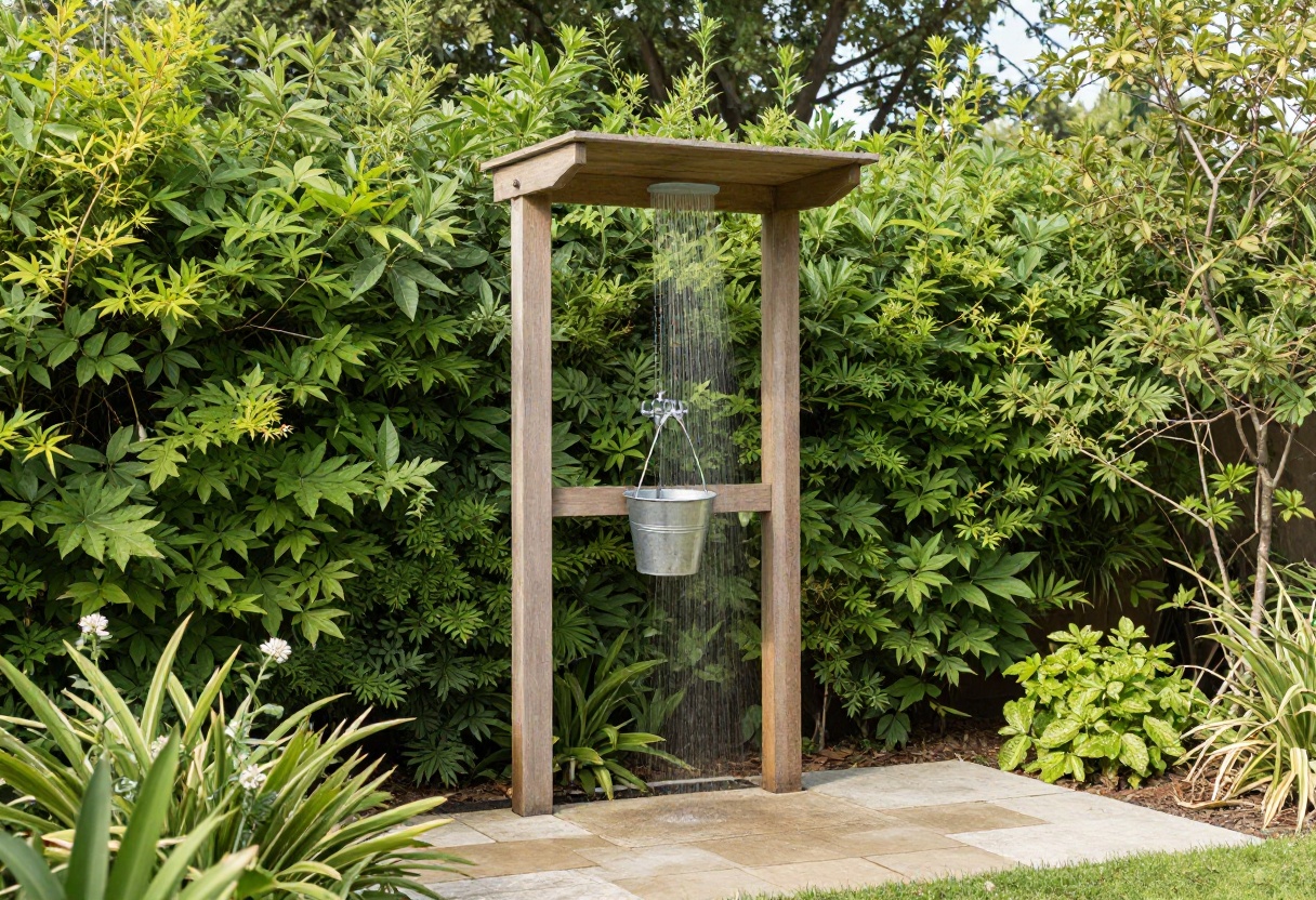 Rustic DIY outdoor shower with wooden frame, hanging bucket, and stone floor in a sunny backyard surrounded by plants.