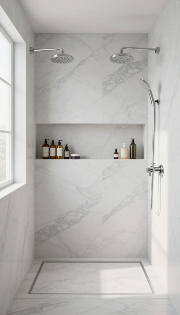Double shower with built-in niches between two showerheads for streamlined storage, marble tile, bright natural light.
