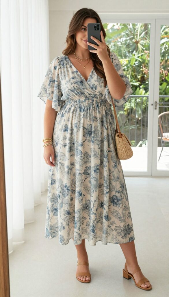 Plus-size woman in a flowy floral maxi dress taking a mirror selfie, layered gold necklaces and bracelets, tan sandals, straw bag, relaxed boho summer style.