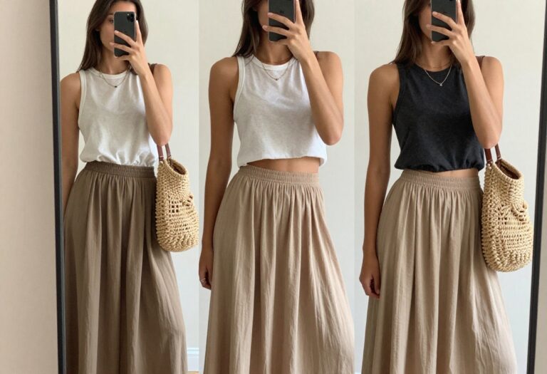 Woman taking a mirror selfie wearing a flowy maxi skirt and cropped tank top, boho summer outfit with earthy tones and layered accessories.