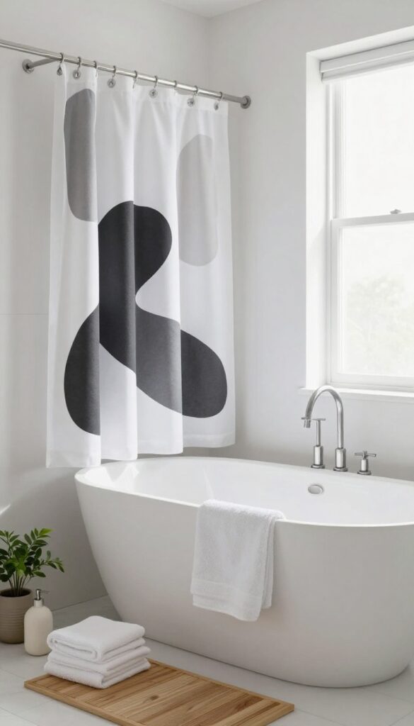 Minimalist bathroom with monochrome abstract shower curtain, fluffy white towels, wood bath mat, and natural light.