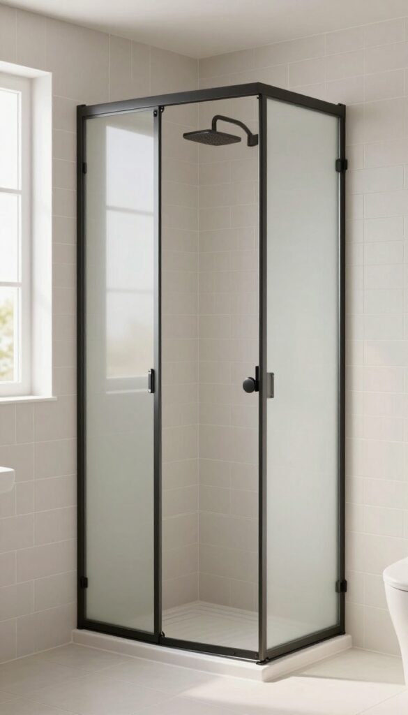 A modern bathroom with bi-fold shower doors folded against the wall in a compact layout, featuring light tiles and natural lighting for a sleek, functional look.