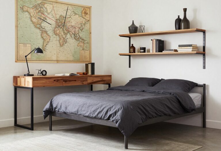 Industrial style teen boy's bedroom with dark metal bed frame, wooden desk, and open shelving in bright natural light.