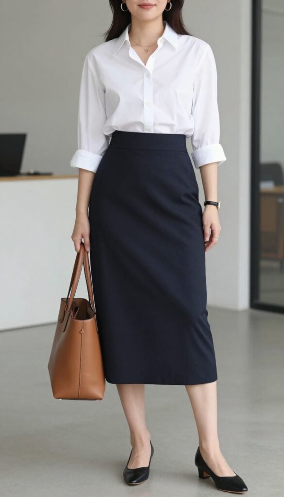 A woman wearing an A-line midi skirt and crisp white shirt for a casual summer office outfit, styled with simple accessories and neutral shoes, standing in a bright natural light setting.