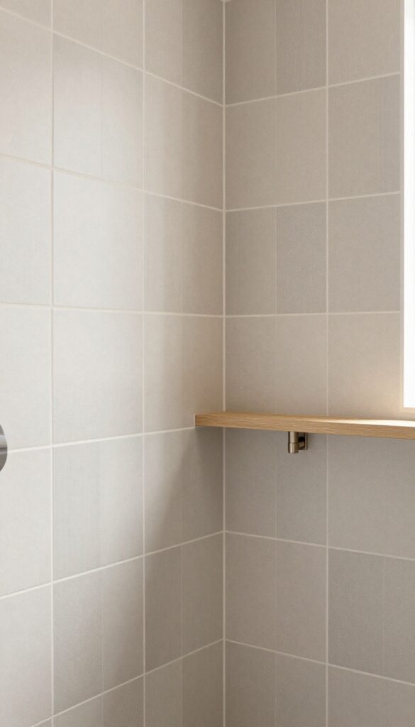 Vertical chevron pattern shower tiles in neutral beige and gray, with brushed nickel fixtures and a floating wood shelf.
