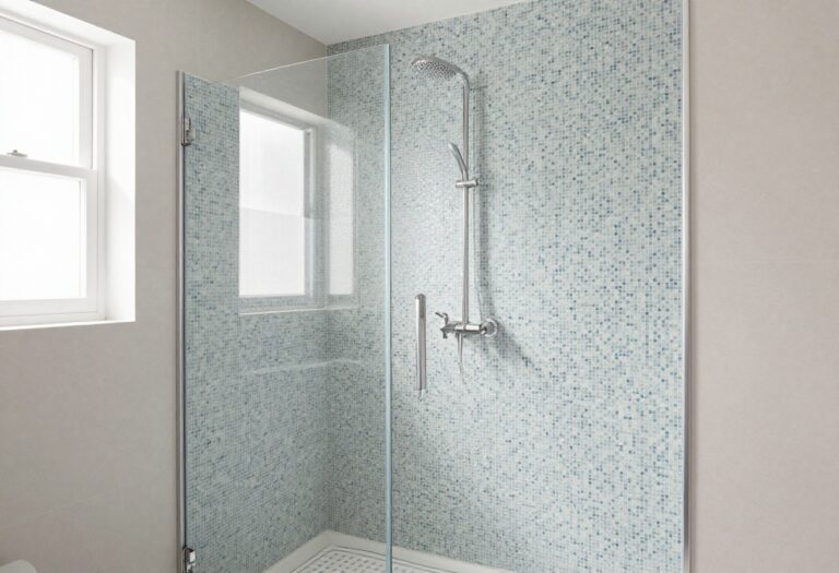 Modern shower with blue and white mosaic tile accents, highlighting texture and design details in a bright, neutral bathroom.