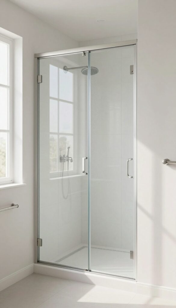 A sliding glass shower door in a small bathroom with natural light and minimalist design, showcasing space-saving functionality