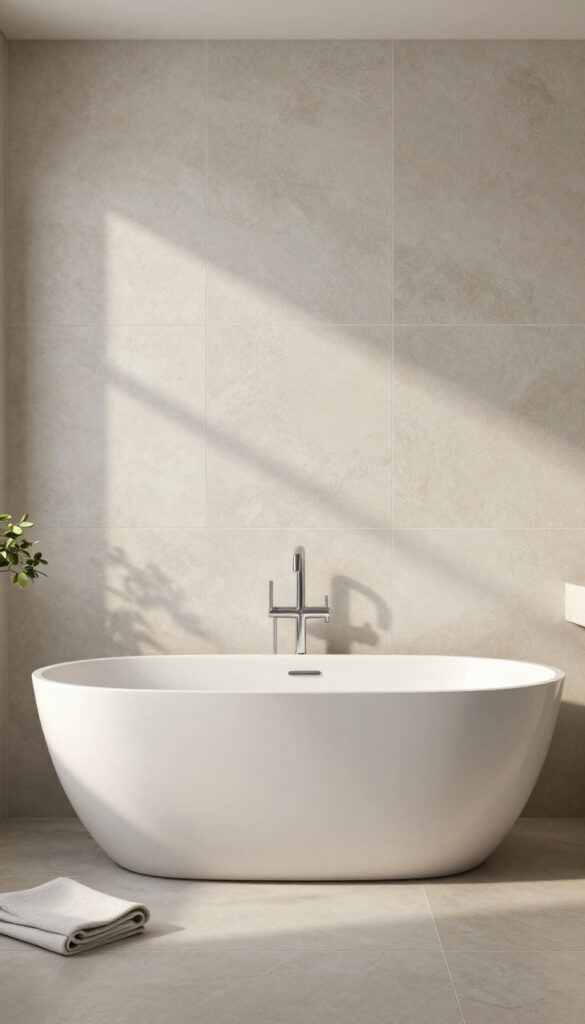 A relaxing bathroom featuring a bathtub with a textured wall behind it in neutral tones and natural light.