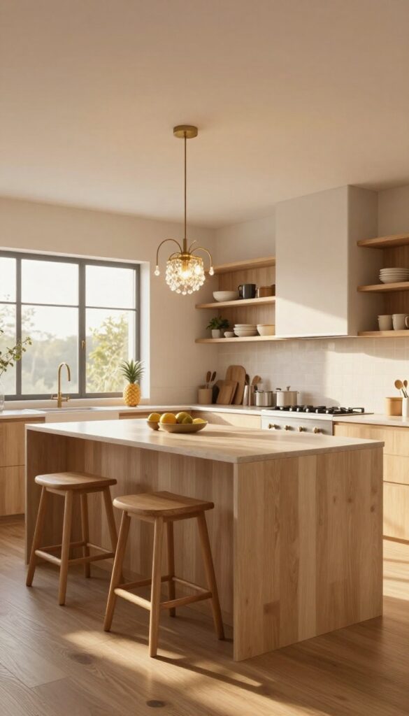 Modern kitchen island with small elegant chandelier overhead, warm wood tones and open shelving