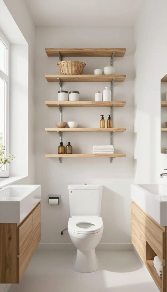 Modern bathroom with vertical floating shelves on a wall above the toilet and beside the vanity, featuring light wood tones, sparse decorative items, and clear surfaces to enhance storage without crowding.