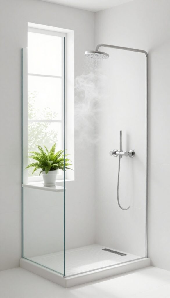 Small potted fern on a white ceramic shelf in a bright shower with natural light and steam.